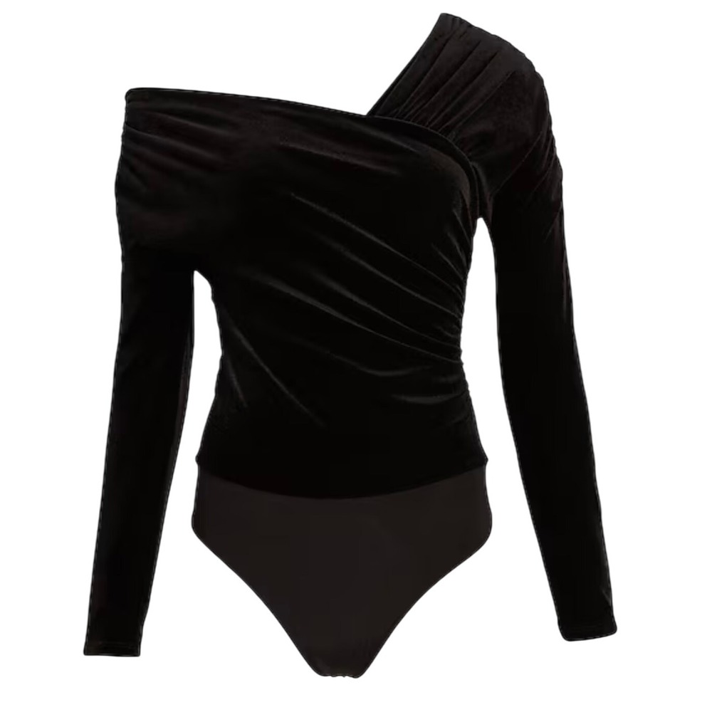 Express Body Contour Black Velvet Off Shoulder Asymmetrical Bodysuit, size XL - Picture 3 of 8